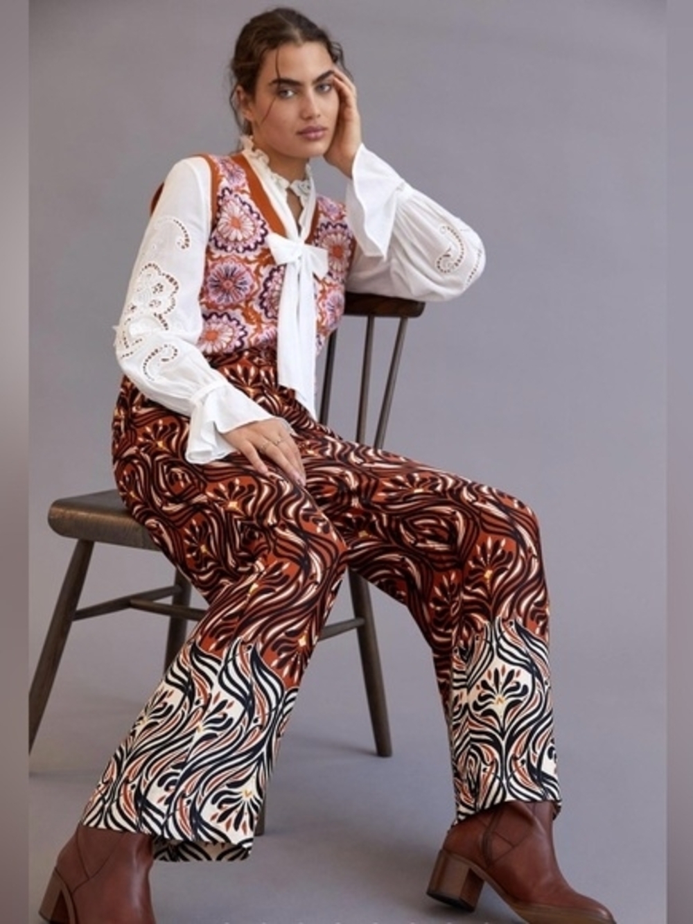 Anthropologie Brown Swirl Wide-Leg Printed Pants